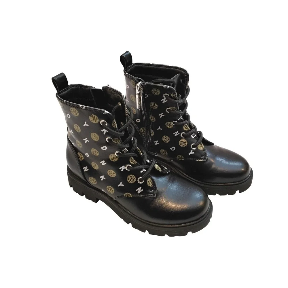 DKNY Girls Black Logo Print Lace Up Side Zip Combat Boots DKN707 Size 12
